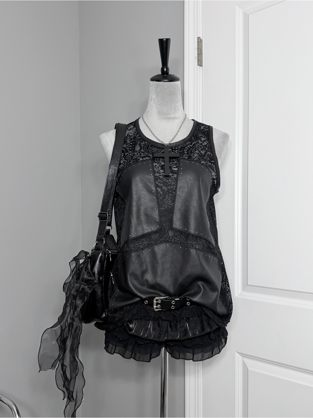 BCBGMaxAzria Black Studded Leather Panel Sheer Lace Sleeveless Top